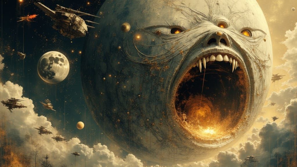 Menacing Planet Devouring Moon in 3D Render