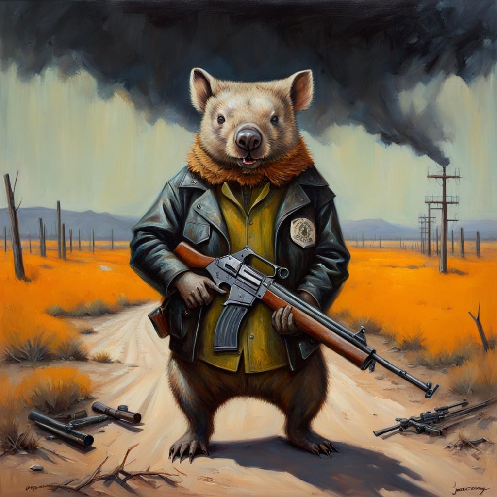 Wombat Outlaw in Radioactive Wasteland, Oil Painting