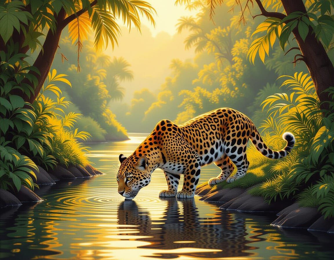 Leopard Drinks From Calm River in Golden Light