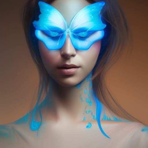 Neon Butterfly Woman Portrait in Art Nouveau Style