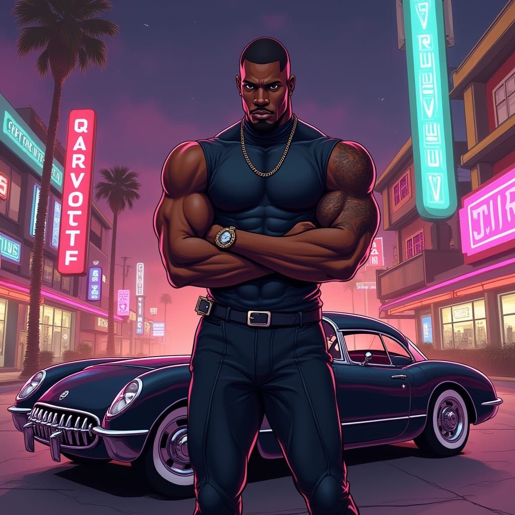 Retro-Futuristic Man and Corvette in Synthwave Style