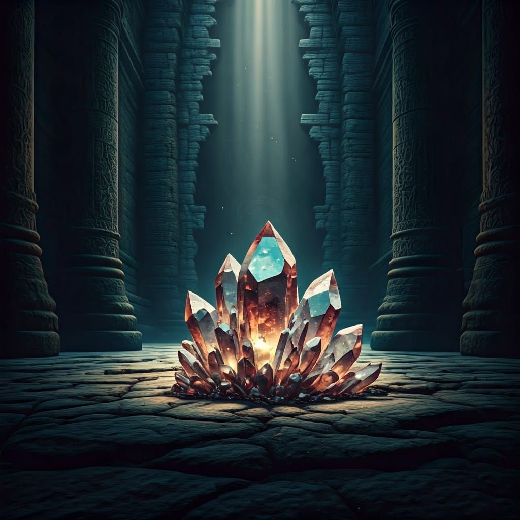 Mystical Crystal in Ancient Temple Ruins, Hyperrealistic