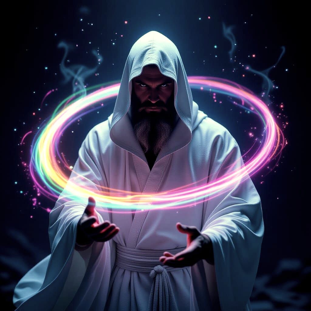 Wizard Conjuring Rainbow Magic in Dark Synthwave Scene