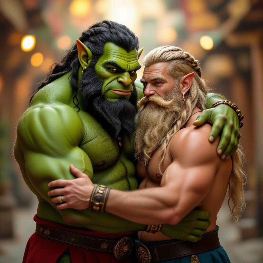Ogre and Dwarf Embrace: Intimate Portrait