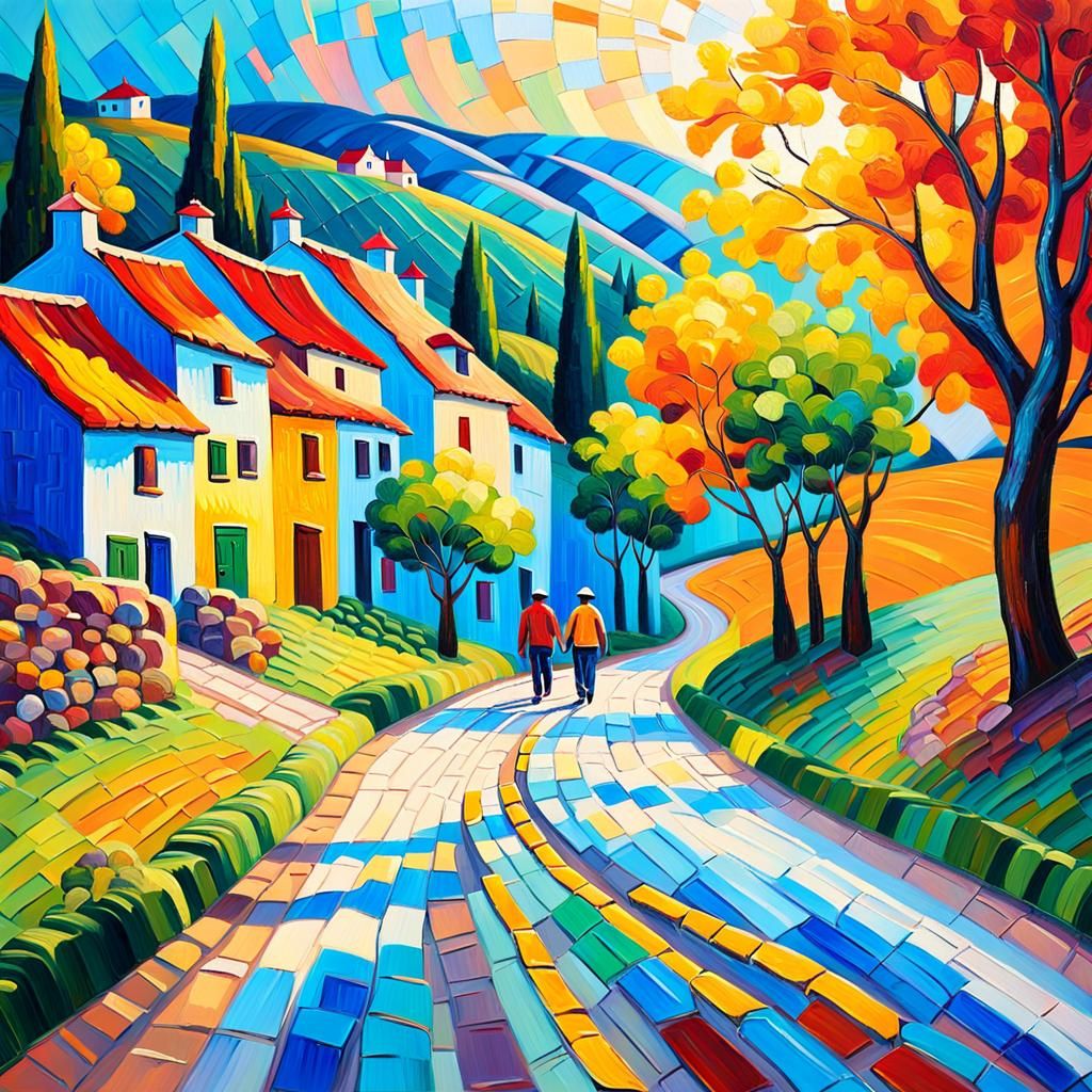 Vibrant Village Road as Expressionist Impasto Painting