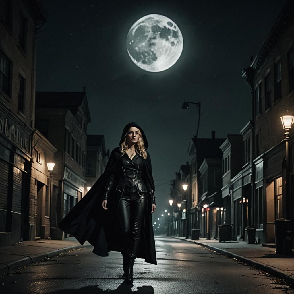 Film Noir: Woman in Hooded Cloak Walks at Night