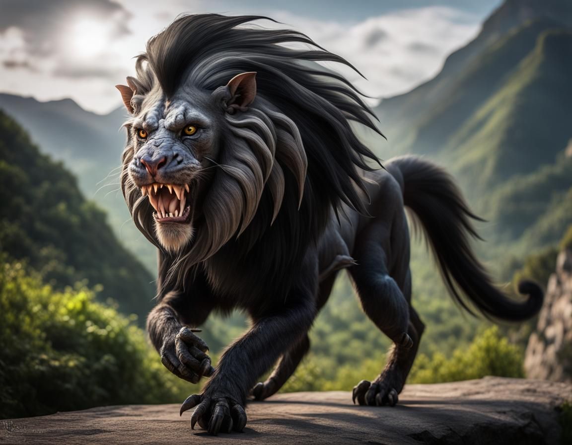 Grey and black lion with bushy tail