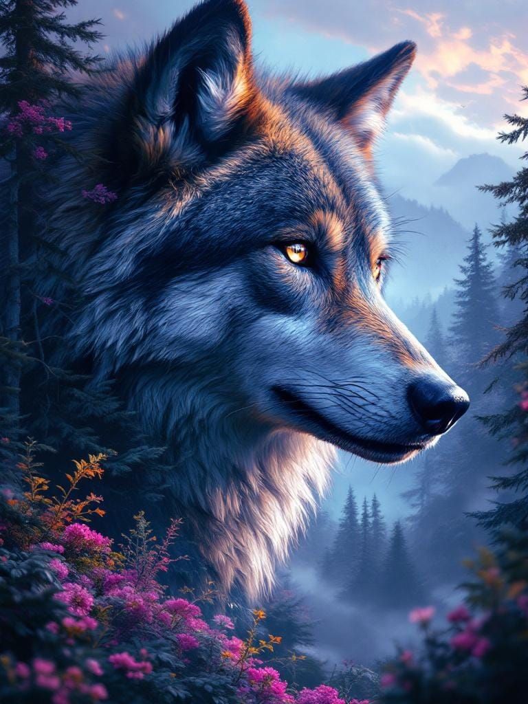 Majestic Wolf Portrait with Forest Landscape