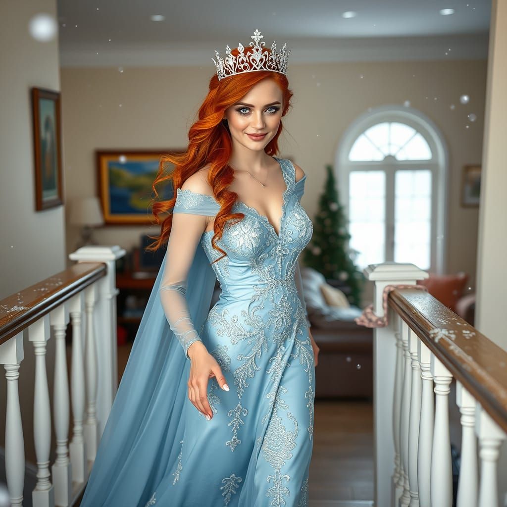 Glamorous Woman Descends Stairs Amidst Snowy Scene