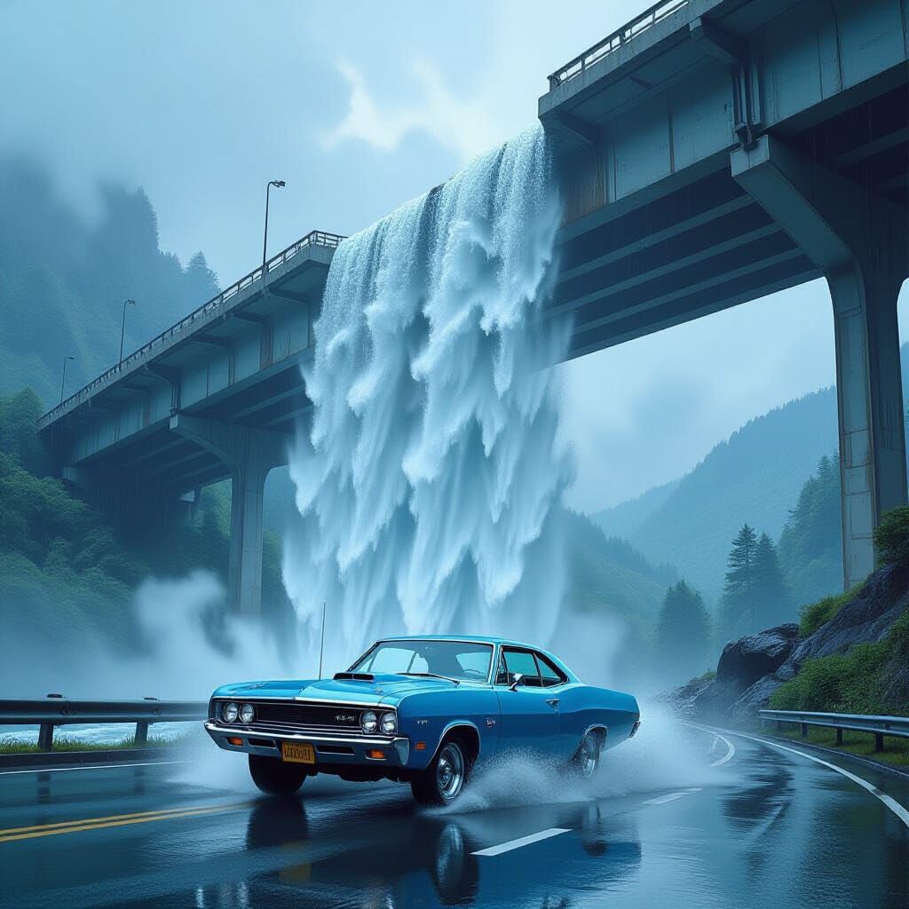 Surreal Waterfall Overpass Scene with Vintage Car