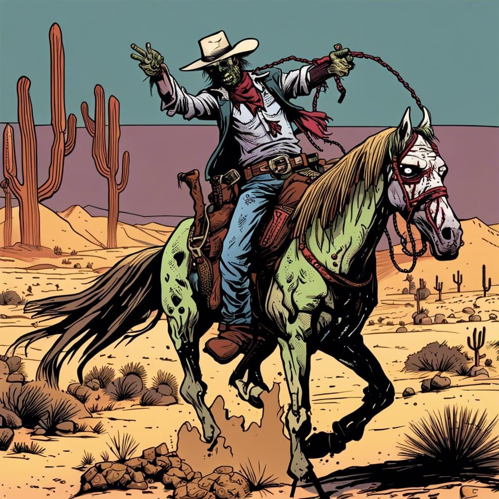 Cowboy Captures Zombie in Desert Landscape