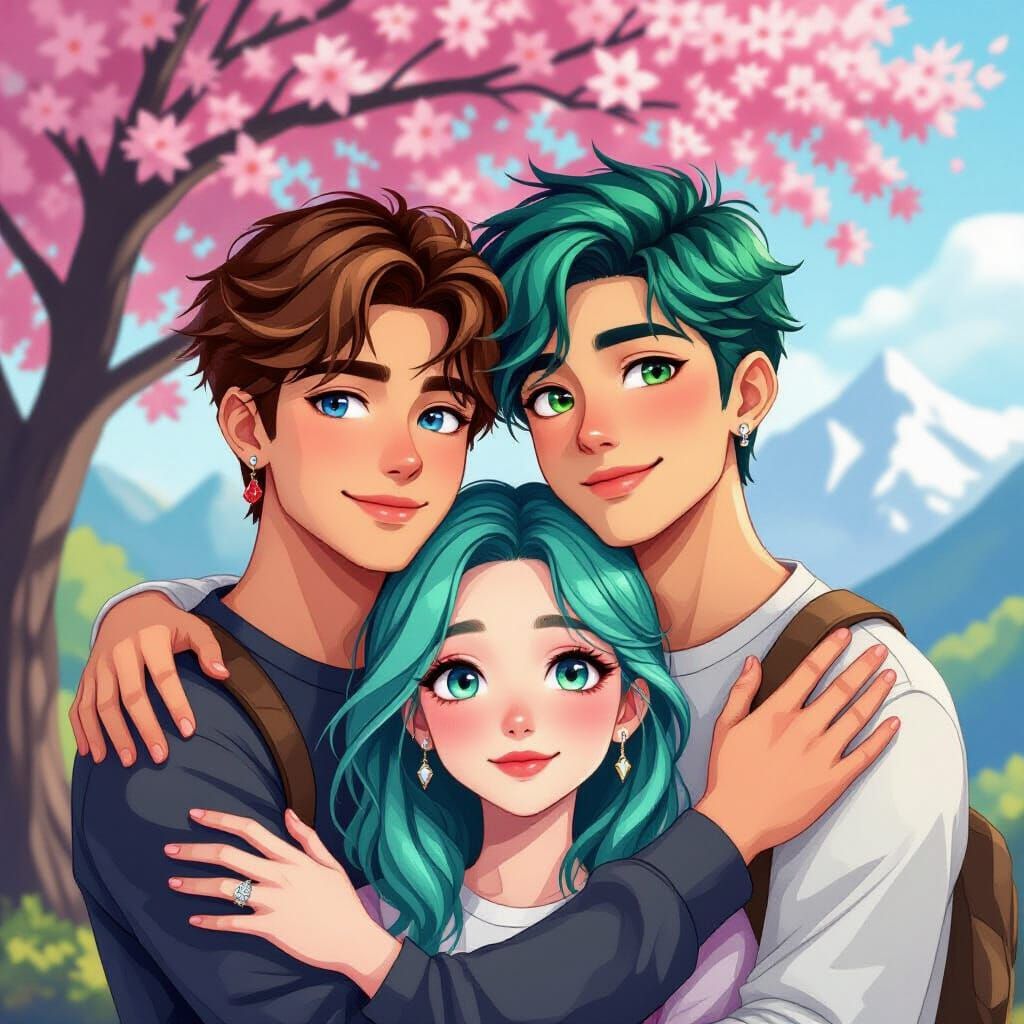 Two Men Hugging with a Girl by Cherry Tree Mountain