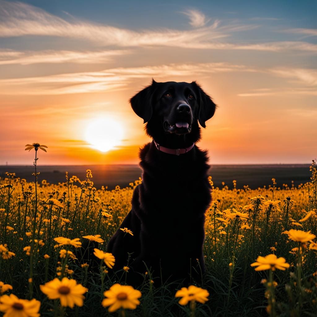 Dog Silhouette in Flower Field at Sunset