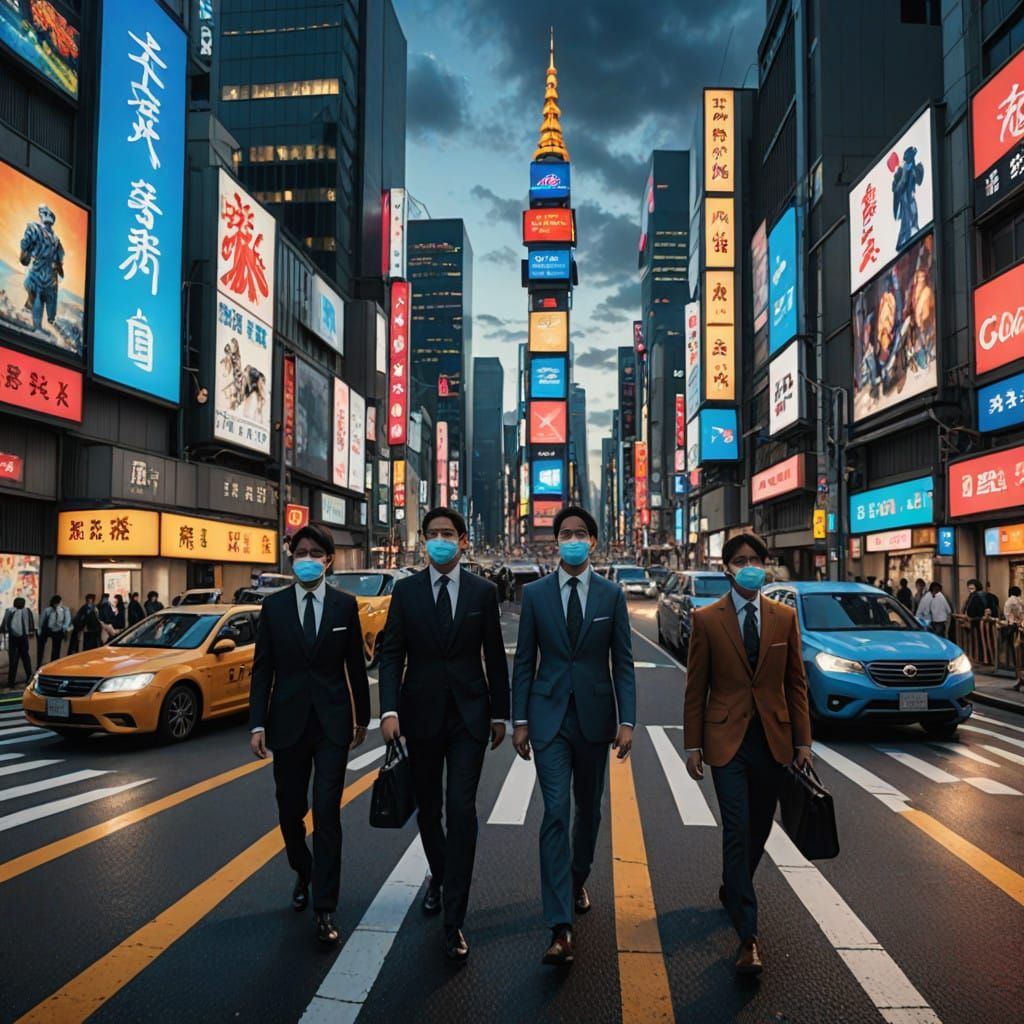Four Tokyo Travelers Cross a Zebra Crossing in Vibrant Stain...