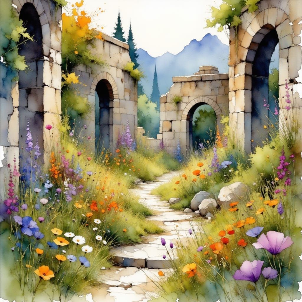 The ancient ruins erupted in wildflowers each spring, attrac...