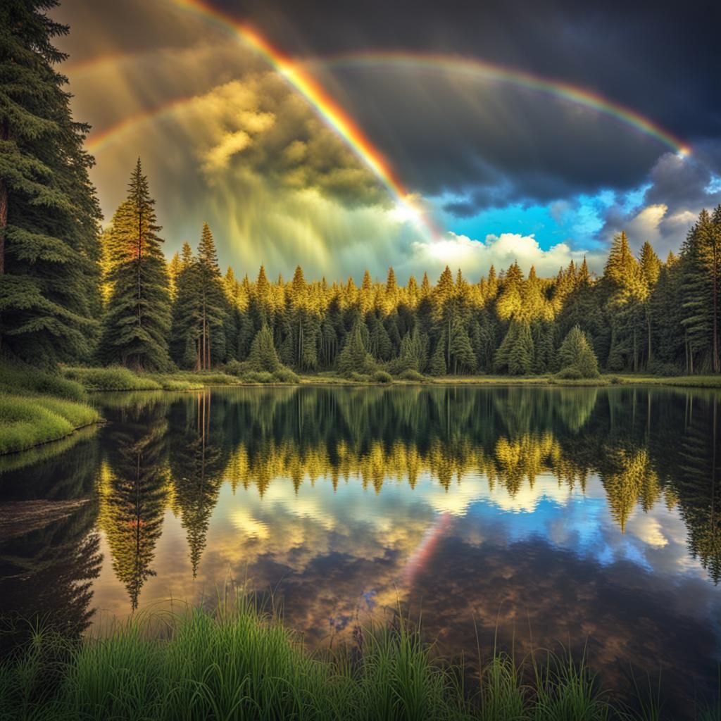 Rainbow Reflection on Lake: Hyperrealistic HDR Image