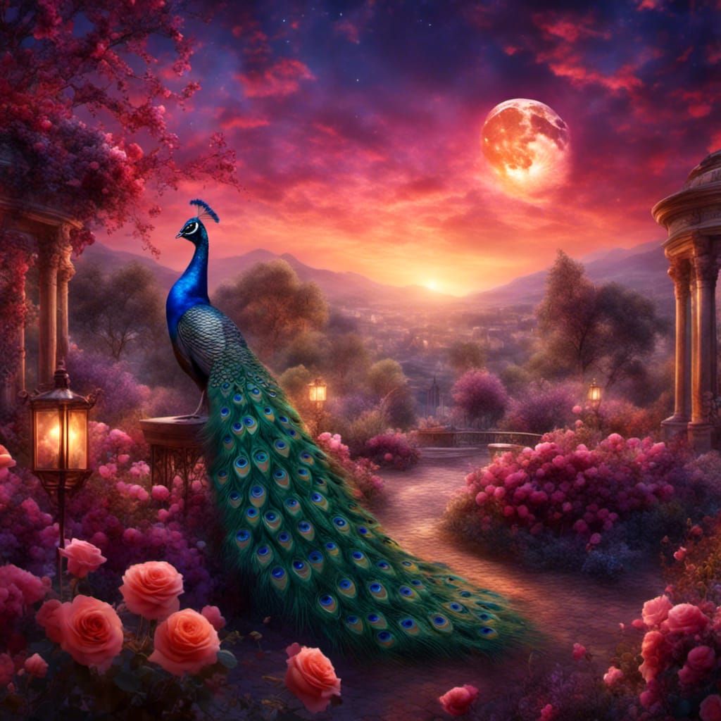 Luminous Peacock in Rose Garden at Night