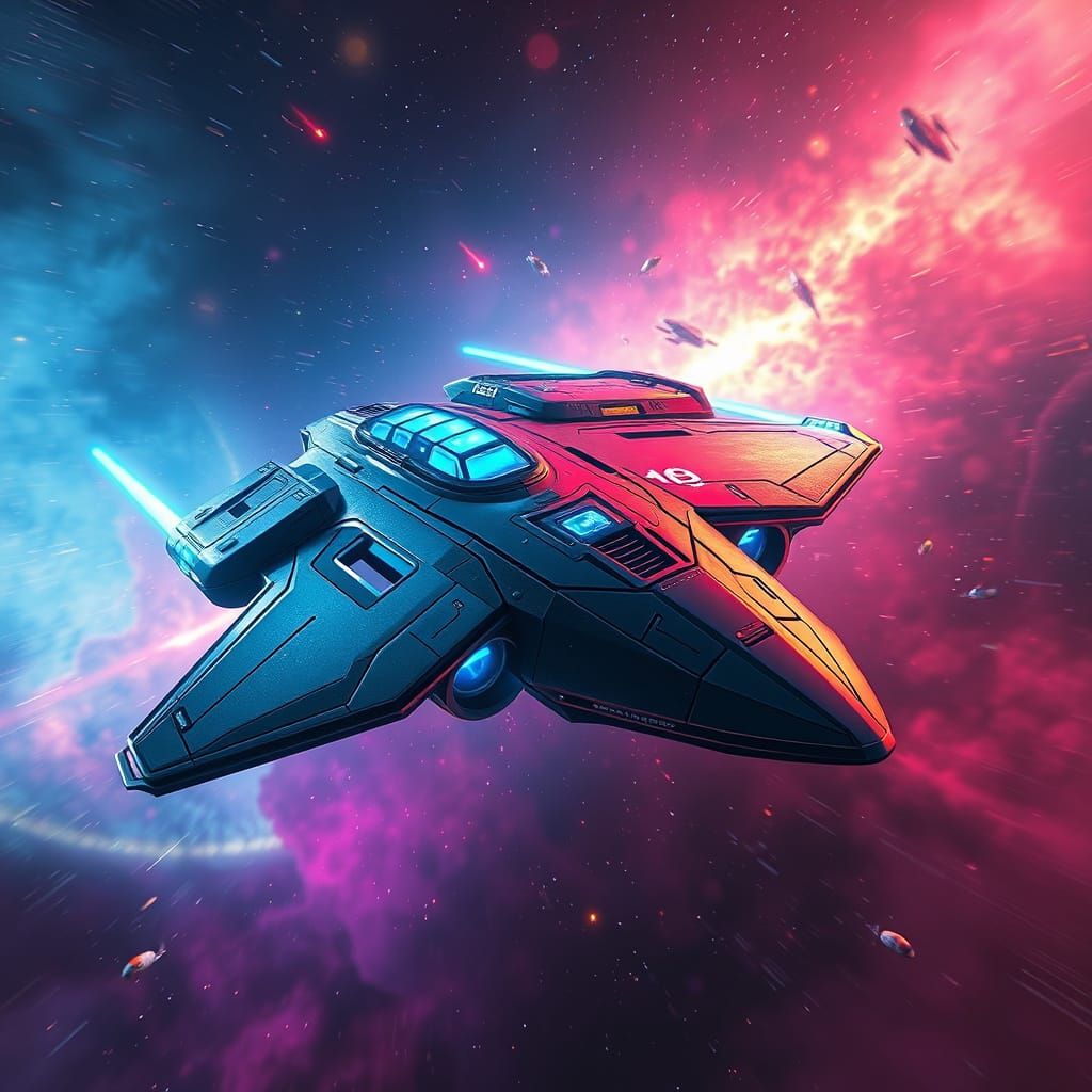 Futuristic Spaceship Soaring Through Neon Galaxy