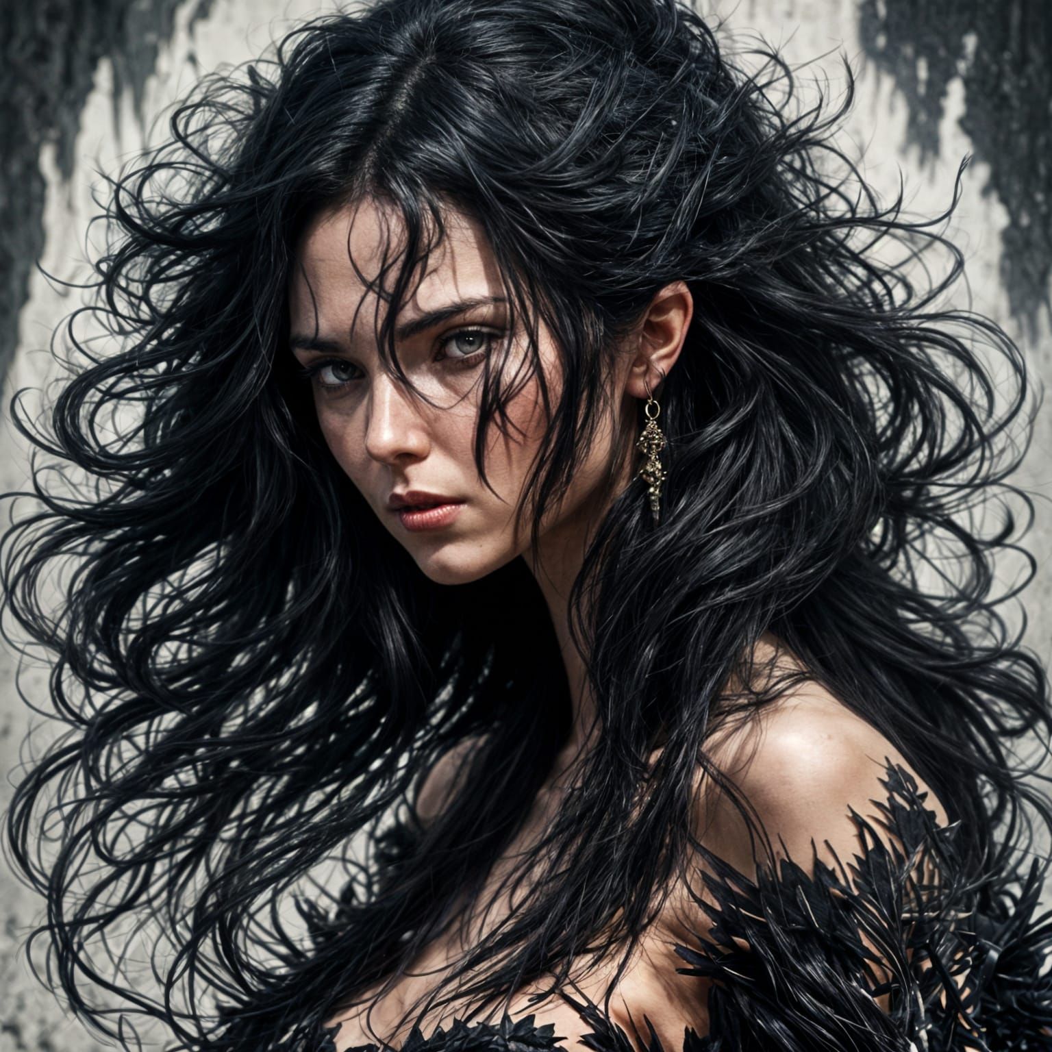 Woman with Long Black Hair and Angry Eyes