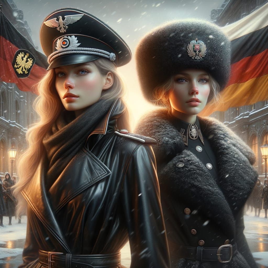 Surreal Winter Cityscape with Two Women in Elegant Attire