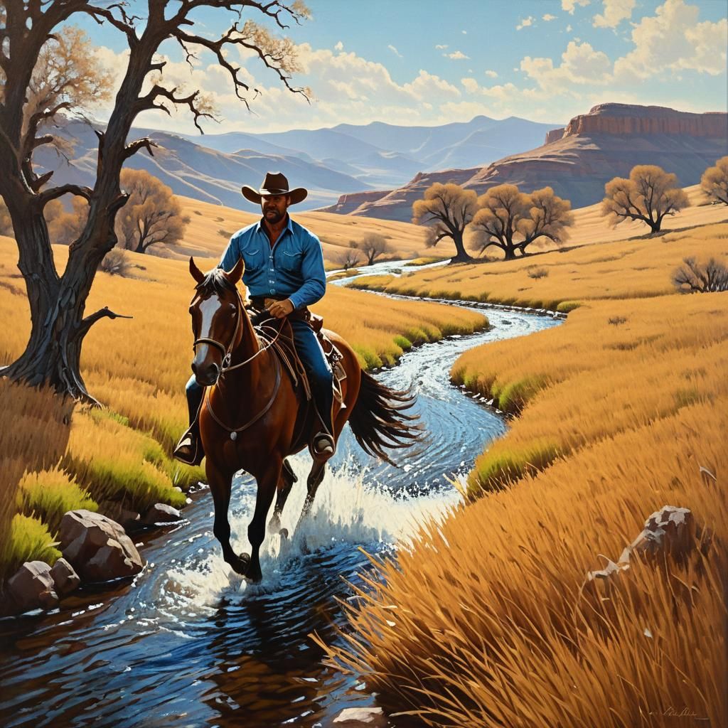 Cowboy on Horseback in Impressionistic Oil Painting