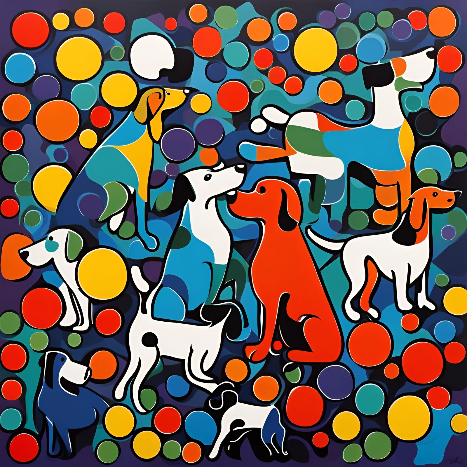 Dogs Playing with Balls in Abstract Art Style