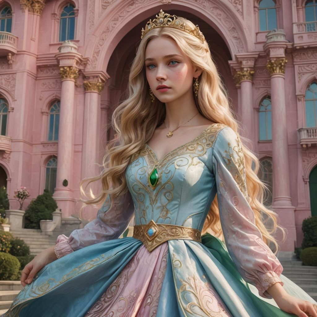Princess in Front of Pink Palace, Fantasy Art