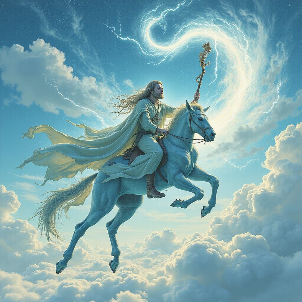 Ethereal Mystic Rides Sentient Winds Across Pastel Sky