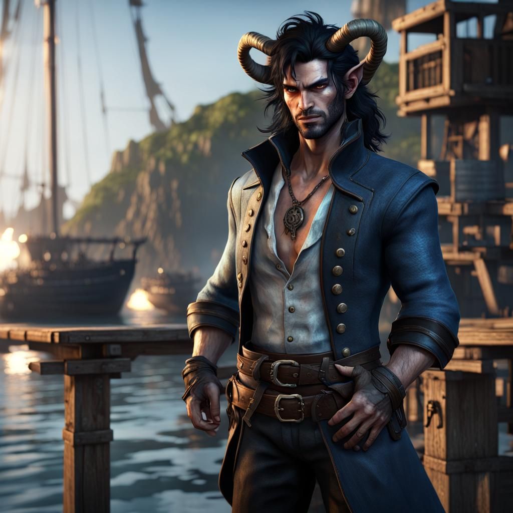 Tiefling Sea Captain on Dock in 3D Game Style