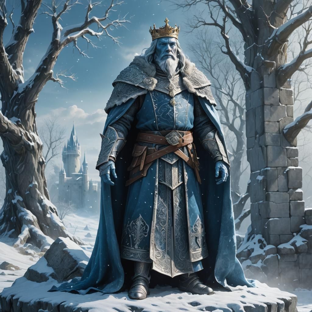 Icy Blue King on Snowy Battlefield, Fantasy Art