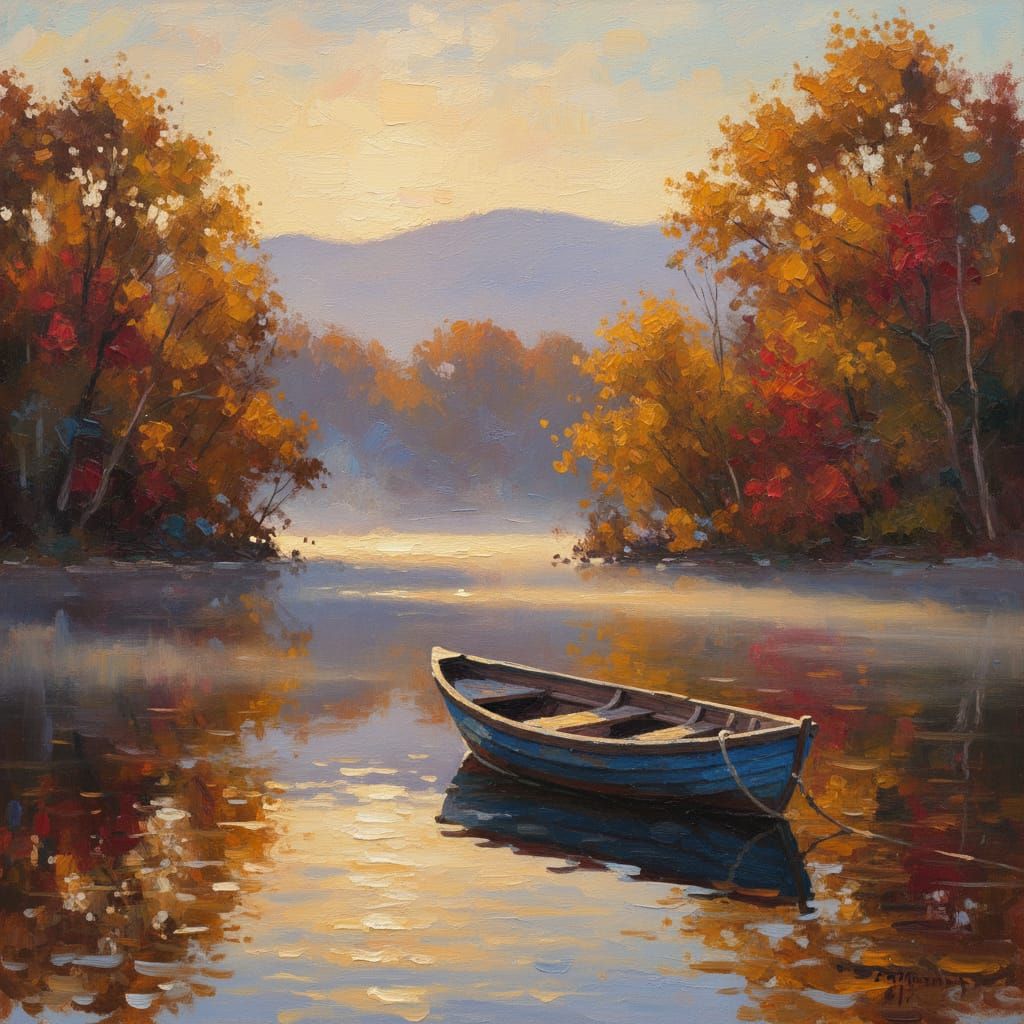 Serene Autumn Rowboat on Misty Lake