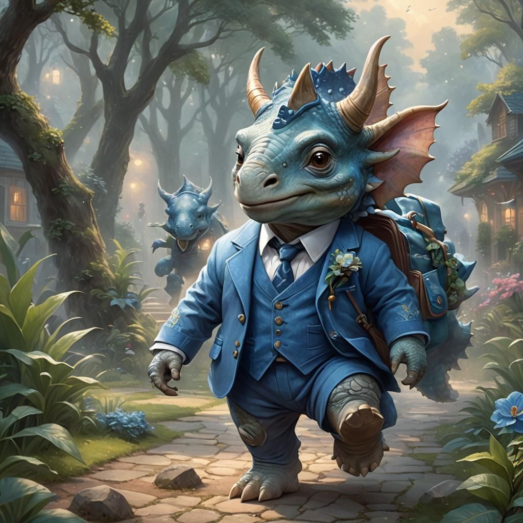 Chibi Triceratops in Blue Suit Goes to School