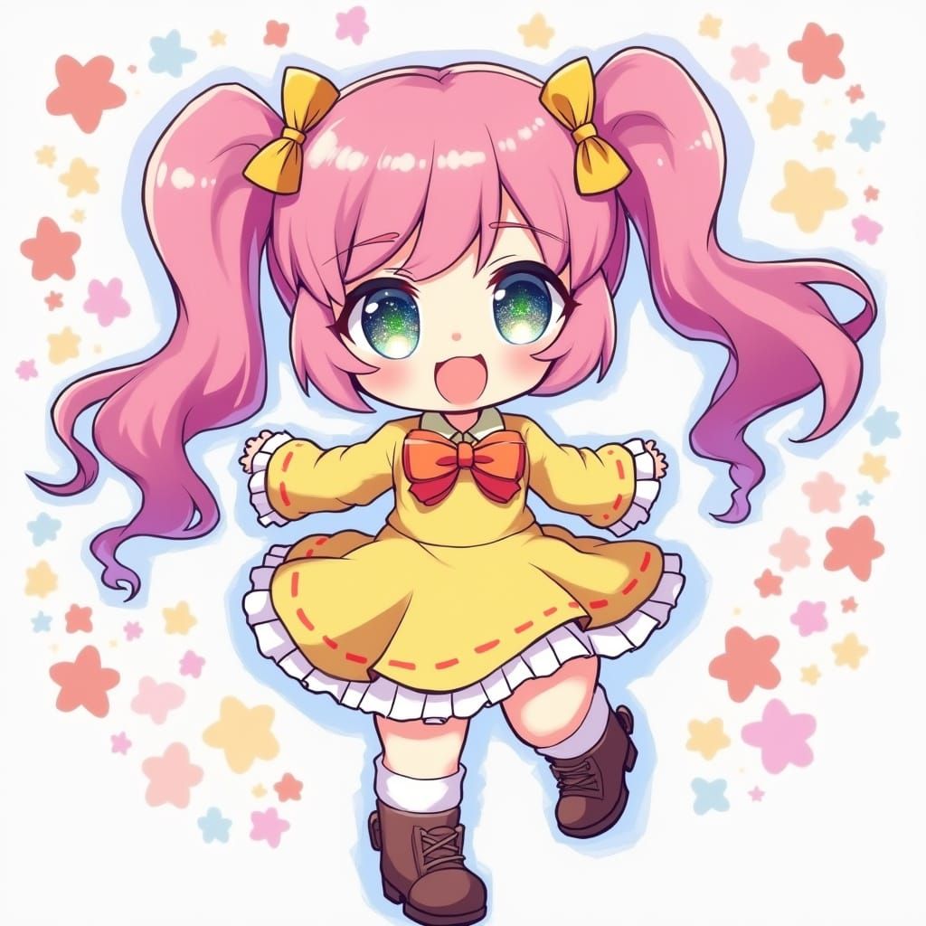 Modern Kawaii Girl in Pastel Hues and Bright Colors