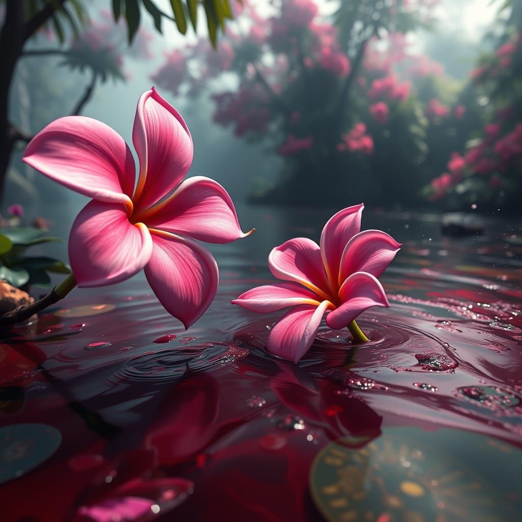 Surreal Pink Frangipani Falls Down Bloody River in Fantasy L...
