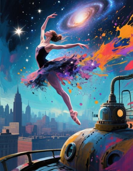 Cosmic Dancer Leaping Through Vintage Cityscape