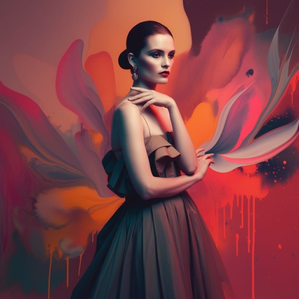 Elegant Woman Posing with Abstract Shapes: Digital Art