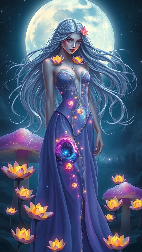 Ethereal Goddess in a Luminous Mushroom Field