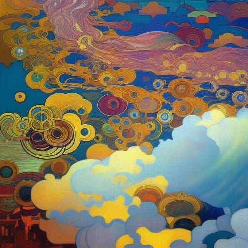 Surreal Futurist Cityscape on Triadic Clouds