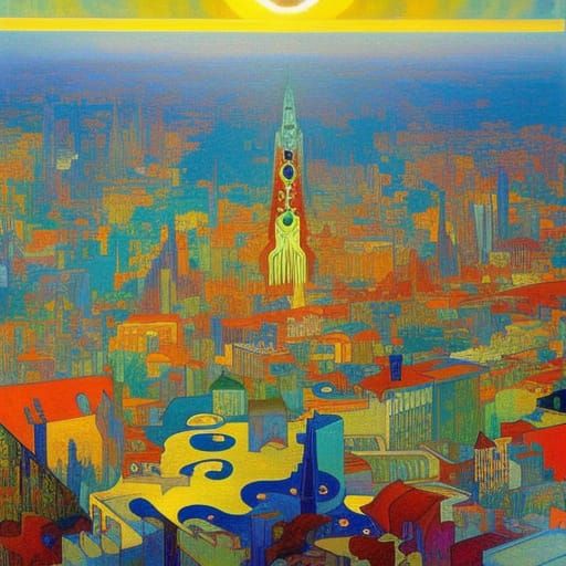 Futuristic City Floating on Clouds in Art Nouveau Style