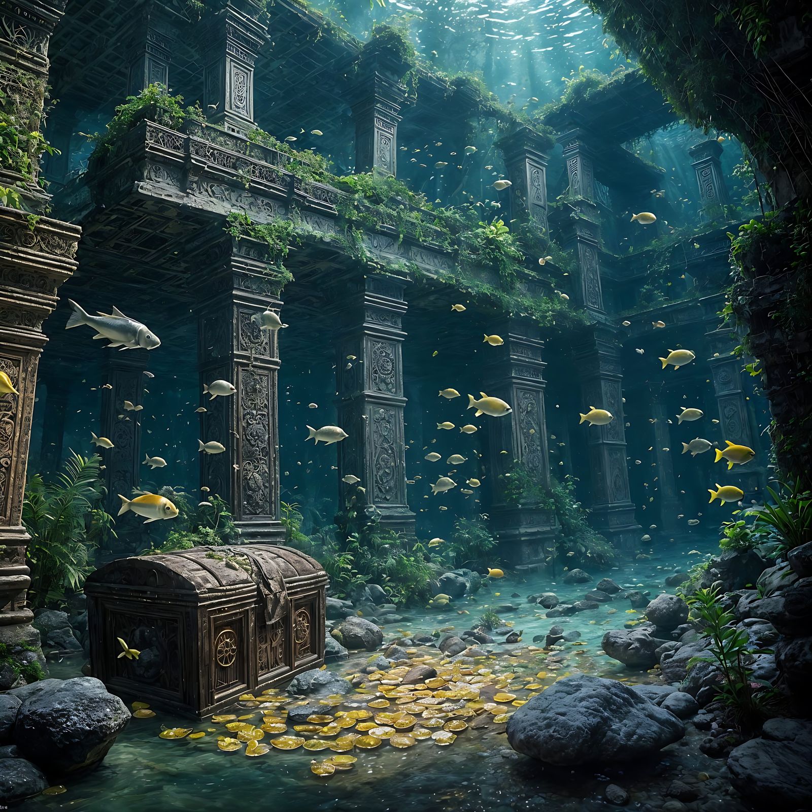 Underwater Treasure Scene in Hyperrealistic Style