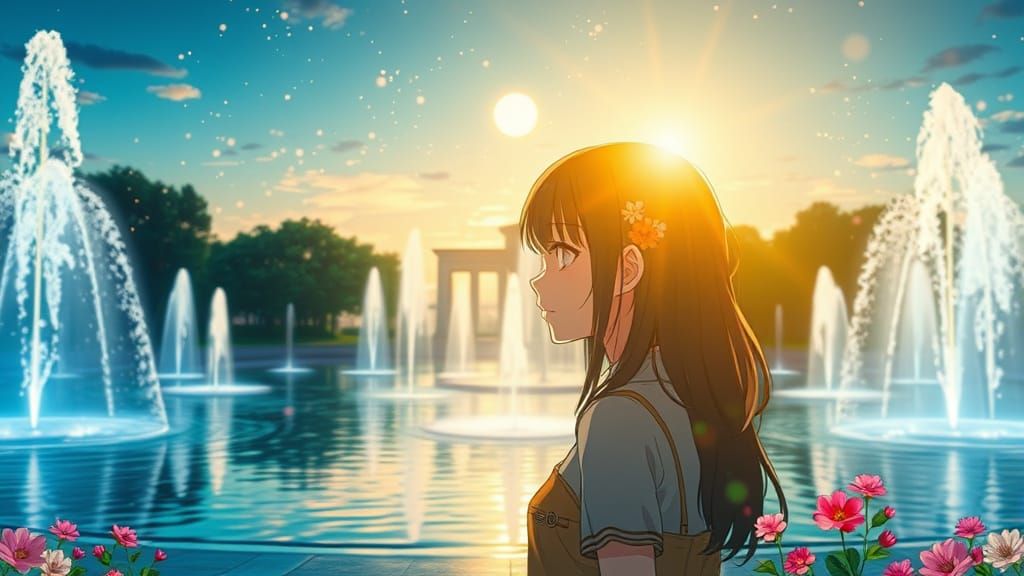 Double Exposure Girl with Fountains in Comic Style