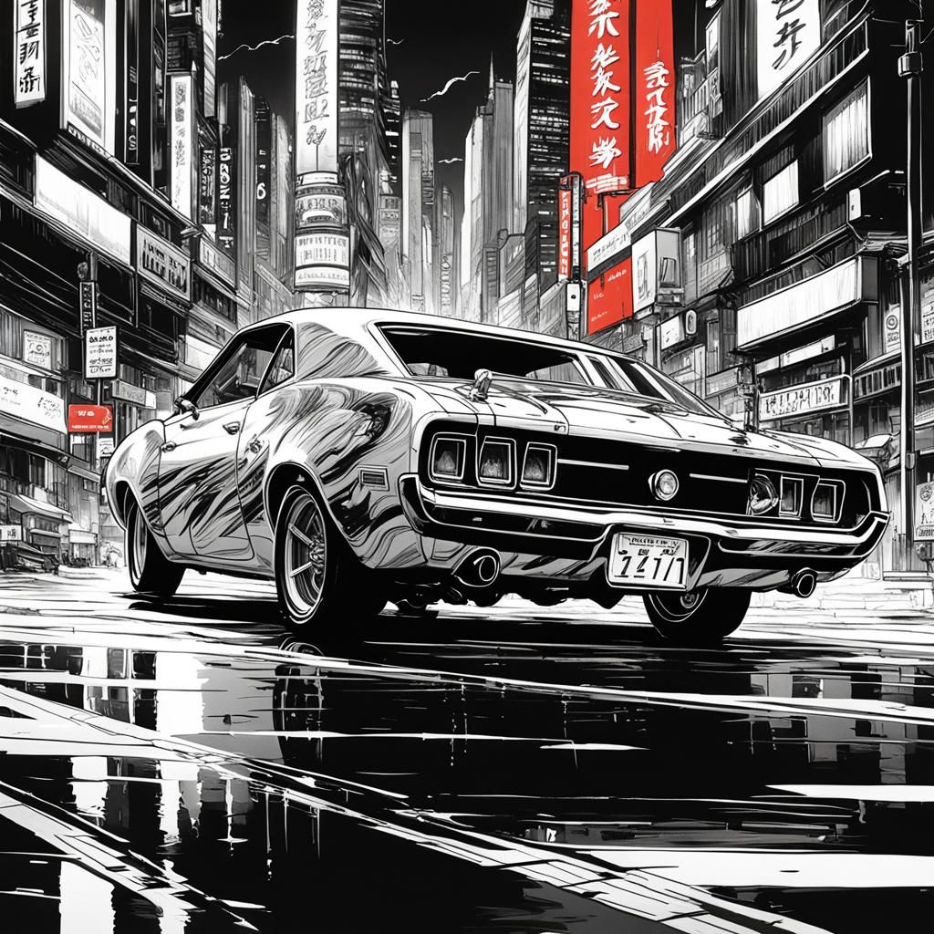 Red Muscle Car in Anime-Inspired Black and White City