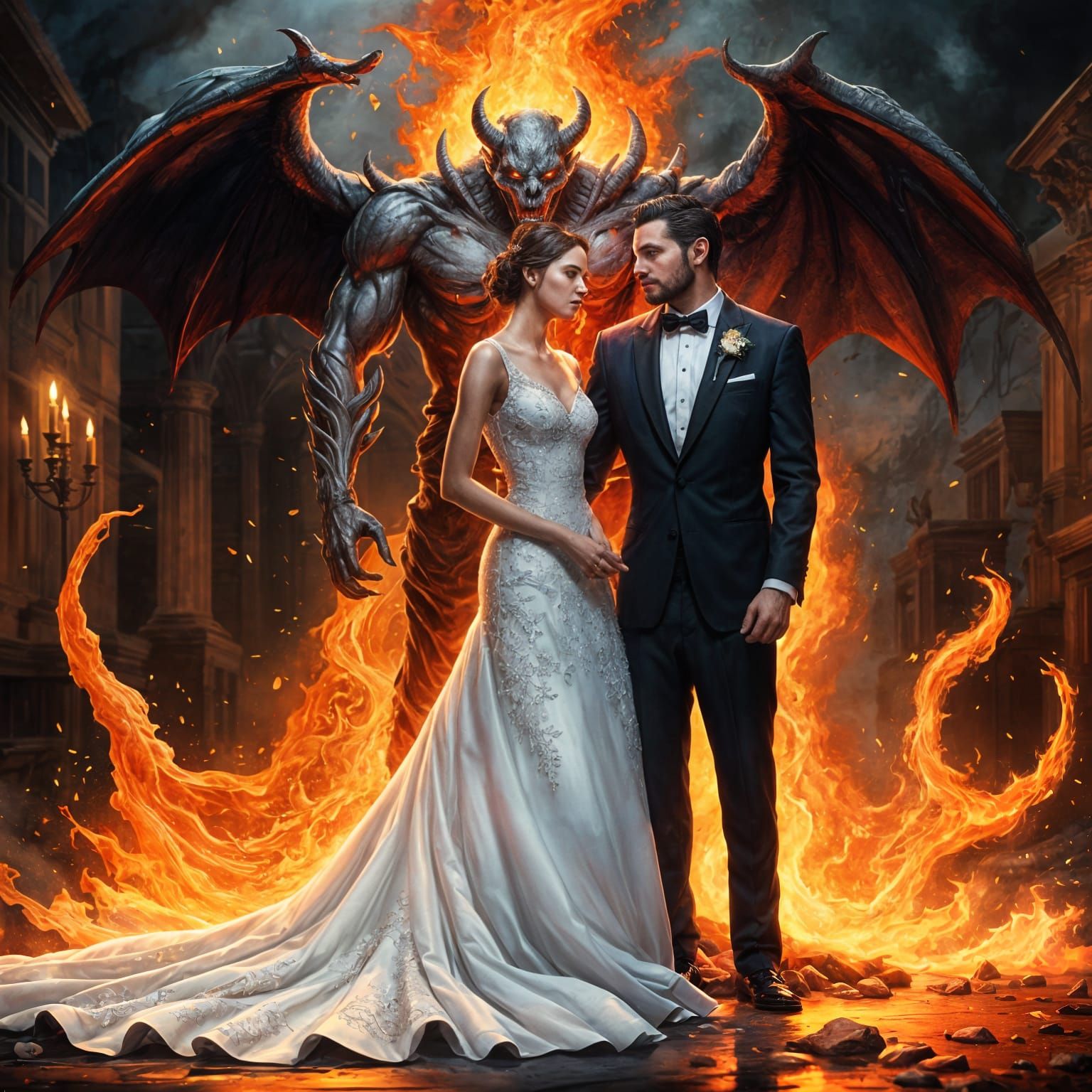 Demonic Wedding in Hellfire: Hyperrealistic Splash Art