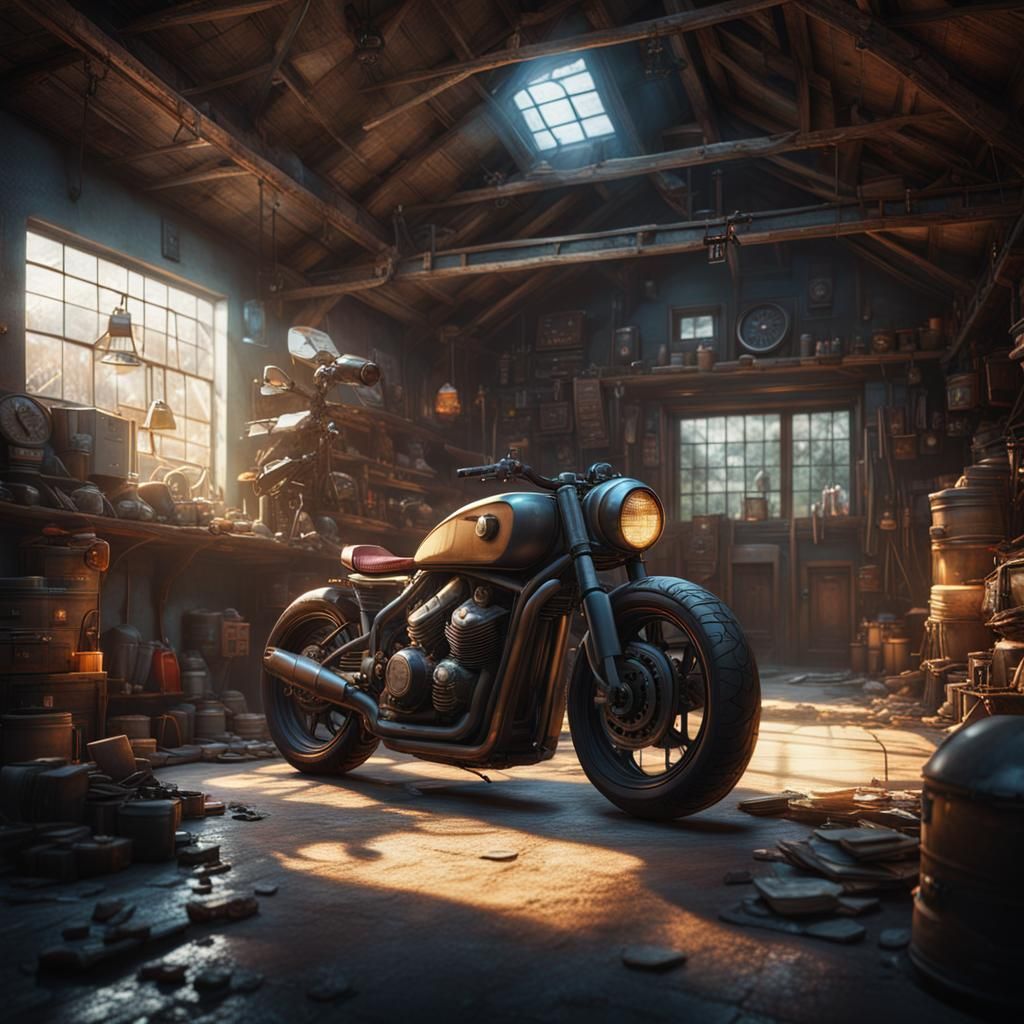 Futuristic Motorcycle in an Old Garage: Digital Art