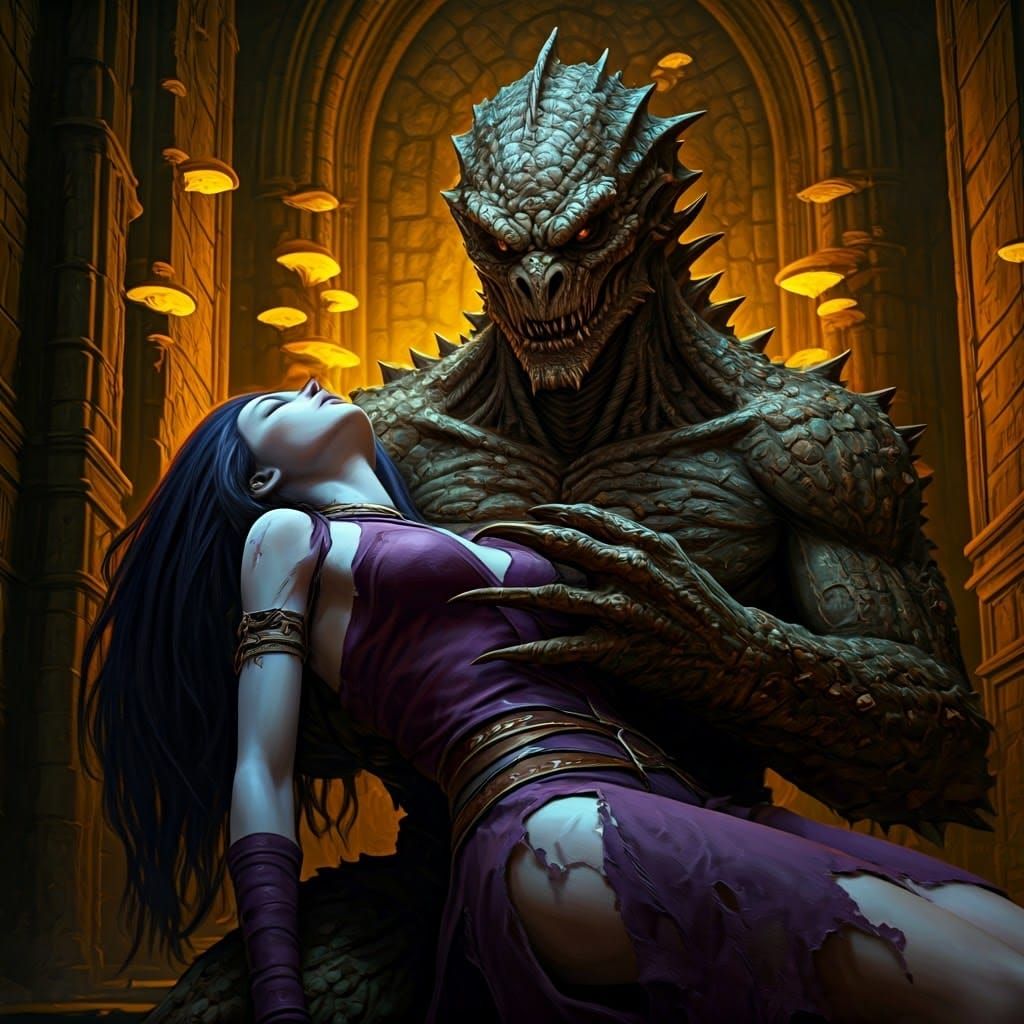 Dark Fantasy Alien Encounter in Regal Purple and Burnished Y...