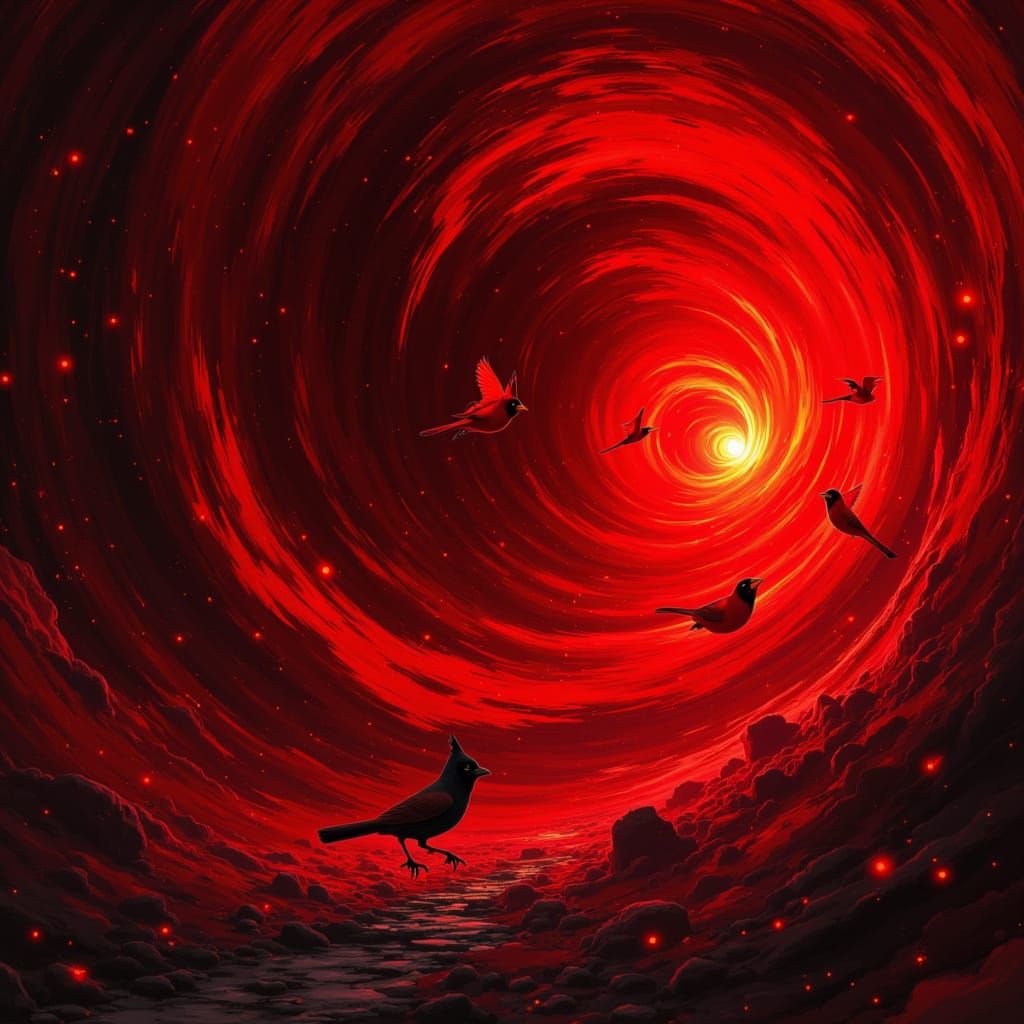 Crimson Vortex with Red Cardinals in Dramatic Light
