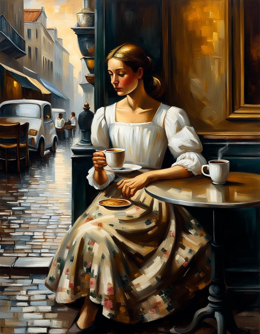 Girl at Cafe: Neoclassical Oil Painting