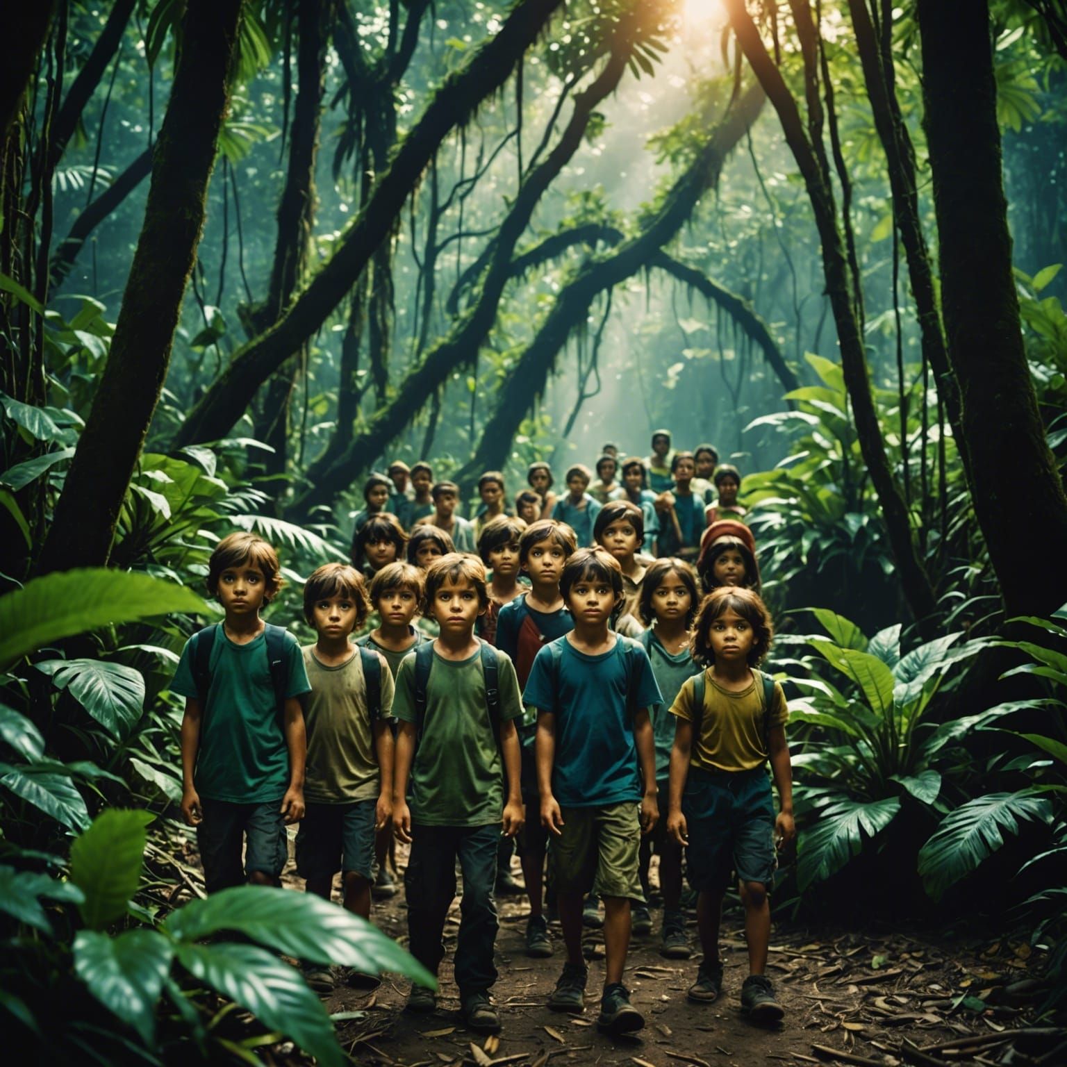 Children Exploring Lush Jungle Scene