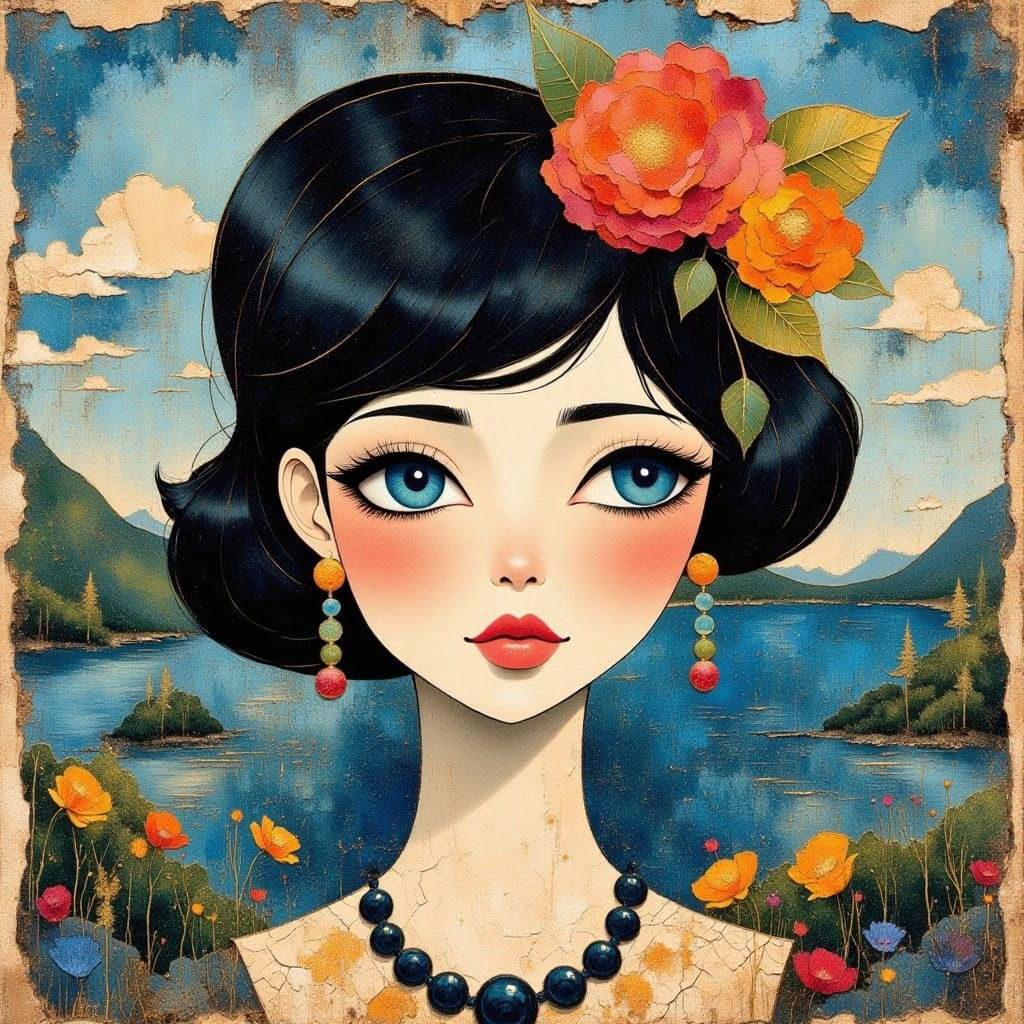 Retro 60s Woman Portrait in Mixed Media Collage