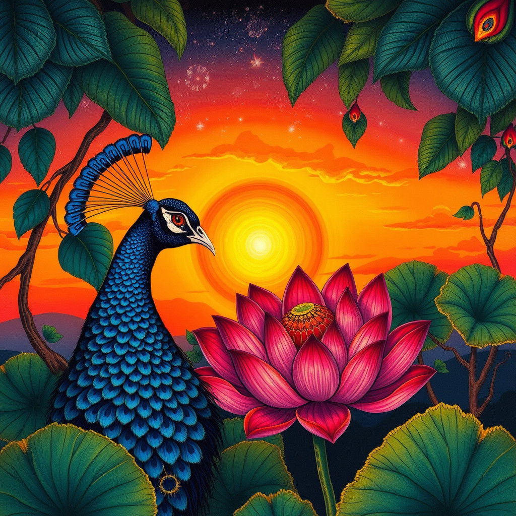 Peacock Sunset: A Pattachitra Style Painting